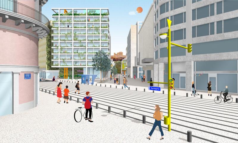 Design proposal for pedestrian street pavement and office building on Aeolou Street in Downtown Athens, Greece. Acropolis hill in the background.