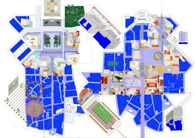 Aerial plan oblique for Syntagma Square and Municipal Market areas in Downtown Athens, Greece.