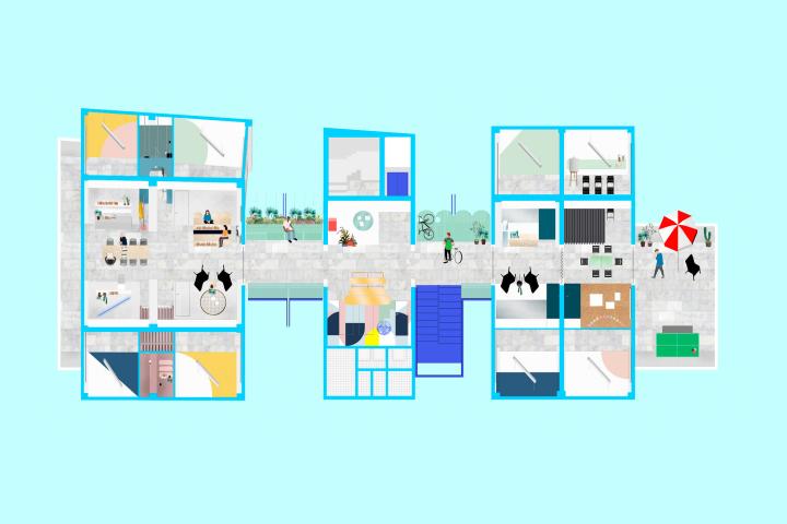 Illustration of a modern building cross-section, showing various rooms such as bedrooms, kitchens, offices, and recreational areas with people working, relaxing, and cycling along a central corridor.